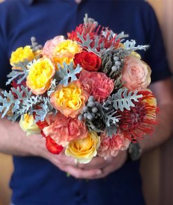 Весільний букет з леукоспермума, брунії та троянд №320